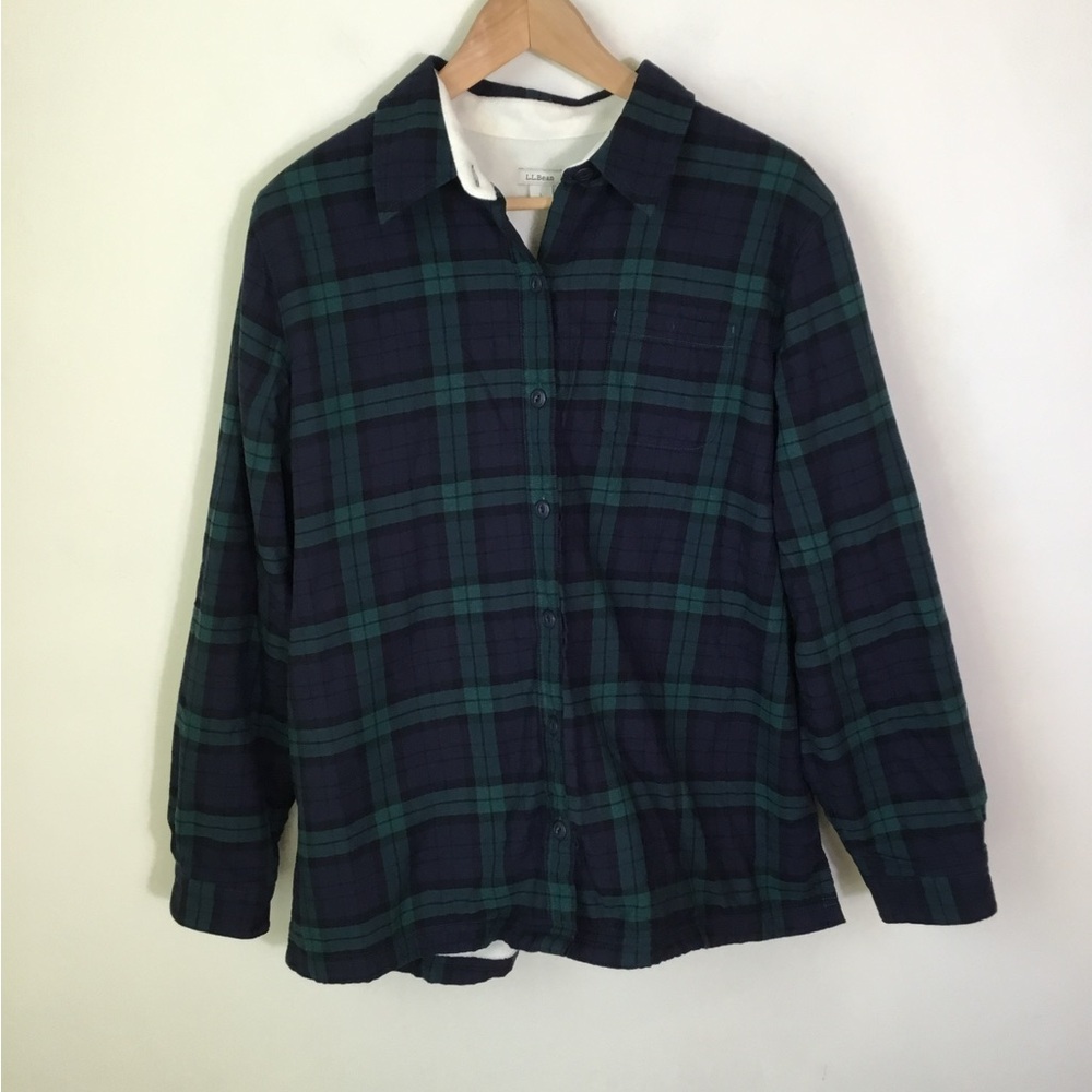 LL Bean Women’s Green and Black Plaid Fleece Lined Button Down Shacket